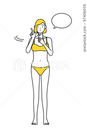 一位穿著內衣的女士操作智能手機，脫毛和美容院的形象 97406059