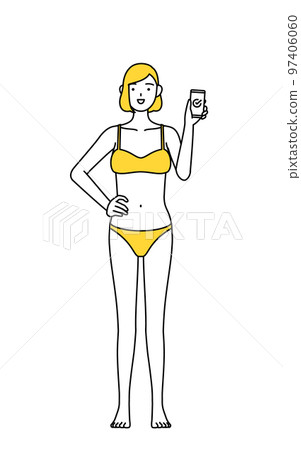 A woman in underwear who uses a smartphone at work, an image of hair removal and an esthetic salon 97406060