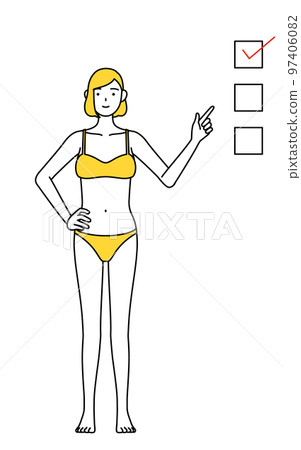 A woman in underwear pointing to a checklist, image of hair removal and beauty salon 97406082