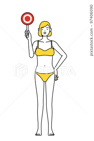一個穿內衣的女人用圓棒顯示正確答案,脫毛和美容院的形象 一個穿內衣的女人用圓棒顯示正確答案,脫毛和美容院的形象 97406090