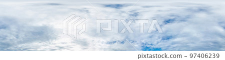 Seamless winter sky panorama on overcast day in spherical equirectangular format with complete zenith for use in 3D graphics, game and for composites in aerial drone 360 degree panoramas as a sky dome Seamless winter sky panorama on overcast day in spherical equirectangular format with complete zenith for use in 3D graphics, game and for composites in aerial drone 360 degree panoramas as a sky dome 97406239