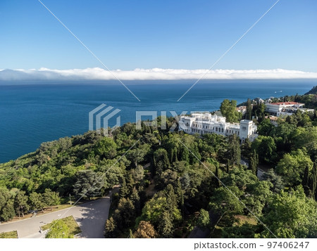 Aerial View of Livadia Palace - located on the shores of the Black Sea in the village of Livadia in the Yalta region of Crimea. Livadia Palace was a summer retreat of the last Russian tsar Nicholas II 97406247