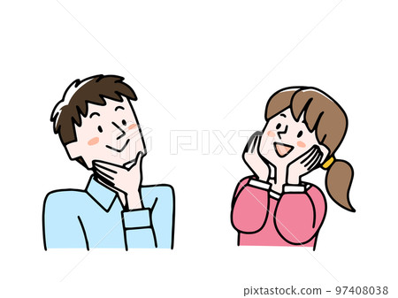A couple happily thinking while looking up A couple happily thinking while looking up 97408038