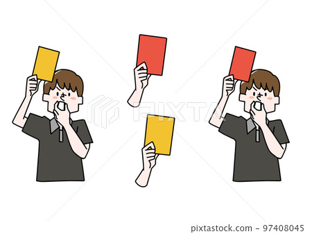 Illustration set of hands and people holding yellow cards and red cards Illustration set of hands and people holding yellow cards and red cards 97408045