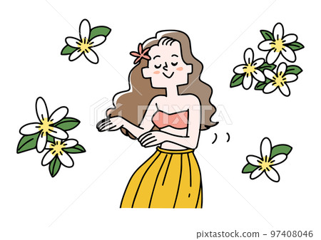 Illustration set of plumeria flowers and a woman dancing hula 97408046