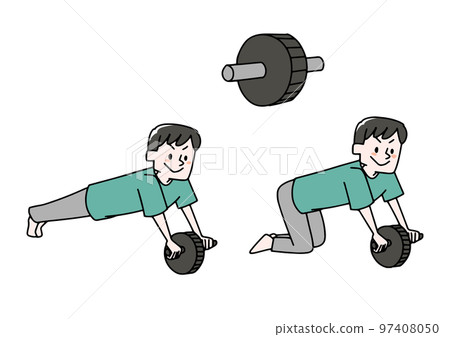 Illustration set of a man who is training an abdominal muscle roller and abdominal muscles 97408050