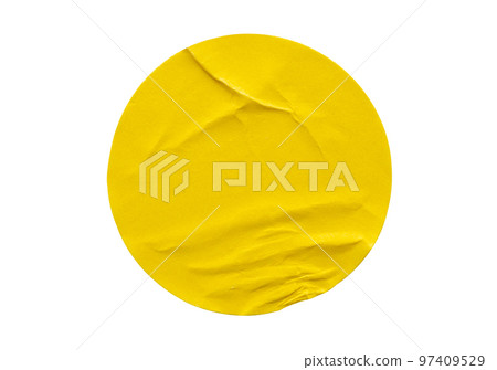 Yellow round paper sticker label isolated on white background Yellow round paper sticker label isolated on white background 97409529
