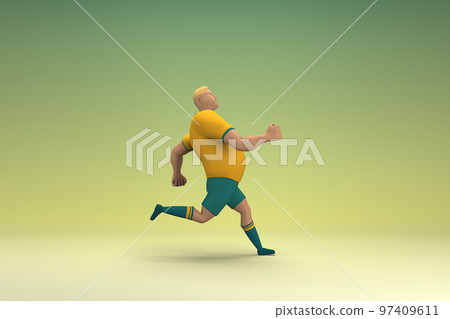 An athlete wearing a yellow shirt and green pants is runing. 3d rendering of cartoon character in acting. An athlete wearing a yellow shirt and green pants is runing. 3d rendering of cartoon character in acting. 97409611