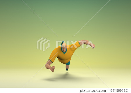 An athlete wearing a yellow shirt and green pants. He is falling down. 3d rendering of cartoon character in acting. An athlete wearing a yellow shirt and green pants. He is falling down. 3d rendering of cartoon character in acting. 97409612