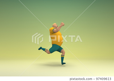 An athlete wearing a yellow shirt and green pants is runing. 3d rendering of cartoon character in acting. An athlete wearing a yellow shirt and green pants is runing. 3d rendering of cartoon character in acting. 97409613