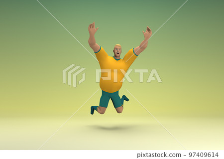 An athlete wearing a yellow shirt and green pants is jumping. 3d rendering of cartoon character in acting. An athlete wearing a yellow shirt and green pants is jumping. 3d rendering of cartoon character in acting. 97409614