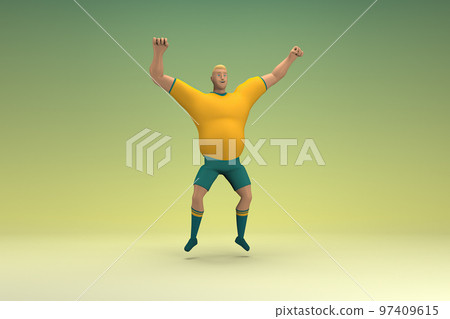 An athlete wearing a yellow shirt and green pants is jumping. 3d rendering of cartoon character in acting. An athlete wearing a yellow shirt and green pants is jumping. 3d rendering of cartoon character in acting. 97409615