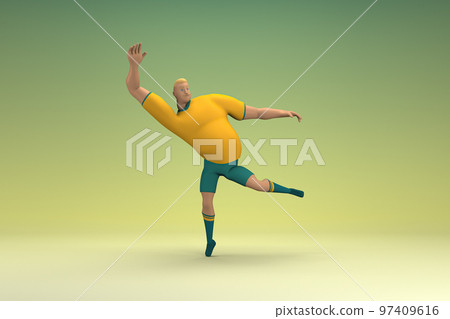 An athlete wearing a yellow shirt and green pants. He is doing exercise. 3d rendering of cartoon character in acting. An athlete wearing a yellow shirt and green pants. He is doing exercise. 3d rendering of cartoon character in acting. 97409616