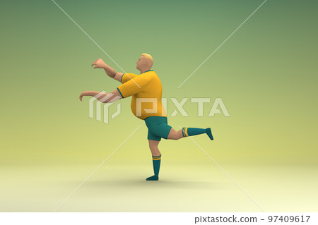 An athlete wearing a yellow shirt and green pants. He is doing exercise. 3d rendering of cartoon character in acting. An athlete wearing a yellow shirt and green pants. He is doing exercise. 3d rendering of cartoon character in acting. 97409617