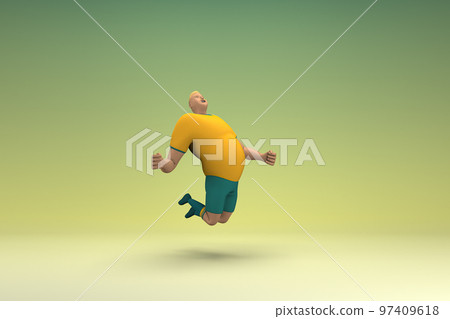An athlete wearing a yellow shirt and green pants is jumping. 3d rendering of cartoon character in acting. An athlete wearing a yellow shirt and green pants is jumping. 3d rendering of cartoon character in acting. 97409618