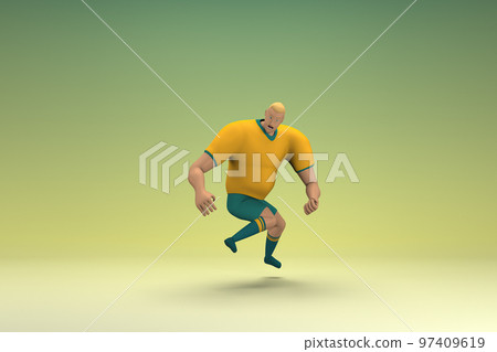 An athlete wearing a yellow shirt and green pants is jumping. 3d rendering of cartoon character in acting. An athlete wearing a yellow shirt and green pants is jumping. 3d rendering of cartoon character in acting. 97409619