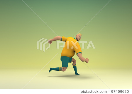 An athlete wearing a yellow shirt and green pants is runing. 3d rendering of cartoon character in acting. An athlete wearing a yellow shirt and green pants is runing. 3d rendering of cartoon character in acting. 97409620