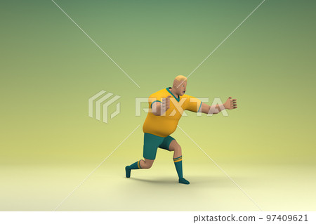An athlete wearing a yellow shirt and green pants. He is pulling or pushing something. 3d rendering of cartoon character in acting. An athlete wearing a yellow shirt and green pants. He is pulling or pushing something. 3d rendering of cartoon character in acting. 97409621