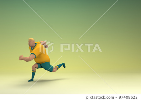 An athlete wearing a yellow shirt and green pants is runing. 3d rendering of cartoon character in acting. 97409622