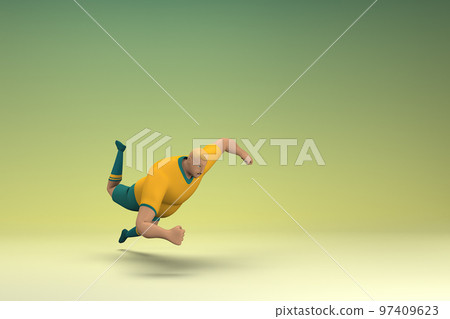 An athlete wearing a yellow shirt and green pants. He is falling down. 3d rendering of cartoon character in acting. An athlete wearing a yellow shirt and green pants. He is falling down. 3d rendering of cartoon character in acting. 97409623