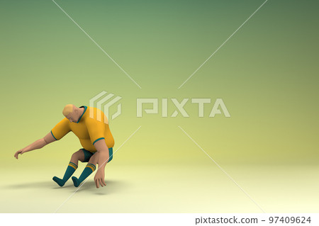 An athlete wearing a yellow shirt and green pants is jumping. 3d rendering of cartoon character in acting. An athlete wearing a yellow shirt and green pants is jumping. 3d rendering of cartoon character in acting. 97409624