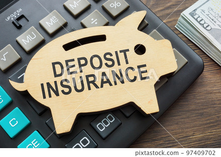 Wooden piggy bank with inscription deposit insurance. Wooden piggy bank with inscription deposit insurance. 97409702