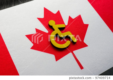 Flag of Canada and sign of a person with a disability. Accessible Canada act. 97409714