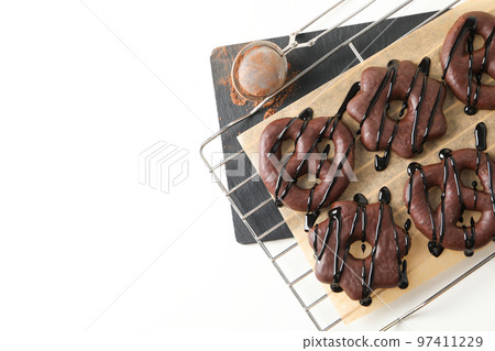 Concept of tasty bakery, gingerbread cookies in chocolate, space for text 97411229