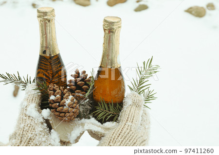 Female hands in mittens holding champagne bottles, twigs and cones outdoor 97411260