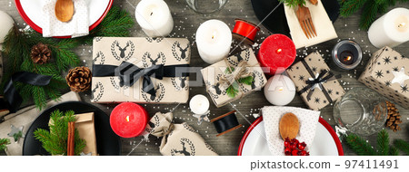 Concept of New Year's table setting, top view 97411491