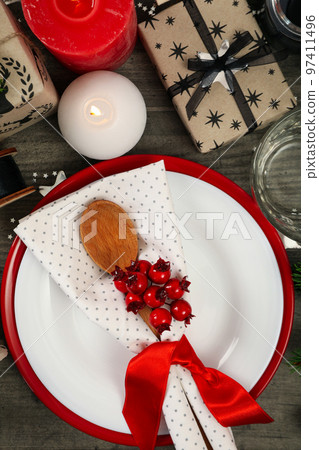 Concept of New Year's table setting, top view Concept of New Year's table setting, top view 97411496