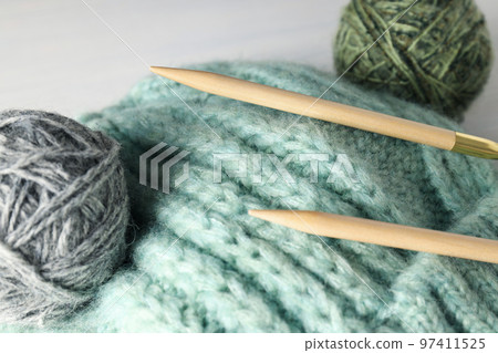 Concept of hobby, cozy hobby, knitting, close up 97411525