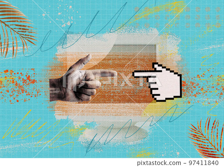 Creative human hand collage and pixel finger pointer  97411840