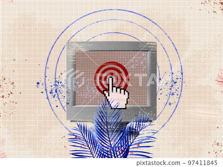 Creative collage finger cursor presses on target Creative collage finger cursor presses on target 97411845
