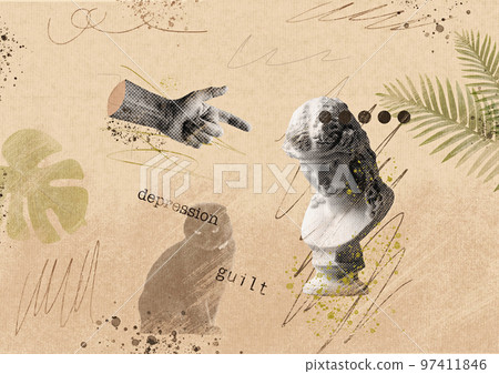 Hand finger pointer to a sad antique statue Hand finger pointer to a sad antique statue 97411846