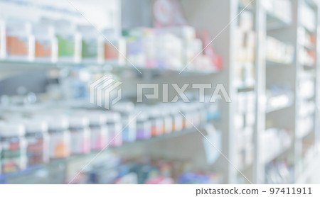 pharmacy drugstore shelves interior blurred abstract background 97411911