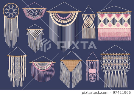 Hand drawn macrame. Nordic woven wall decor, cotton braid hanging and handcraft boho ornament of knitted tapestry yarn cord vector set Hand drawn macrame. Nordic woven wall decor, cotton braid hanging and handcraft boho ornament of knitted tapestry yarn cord vector set 97411966
