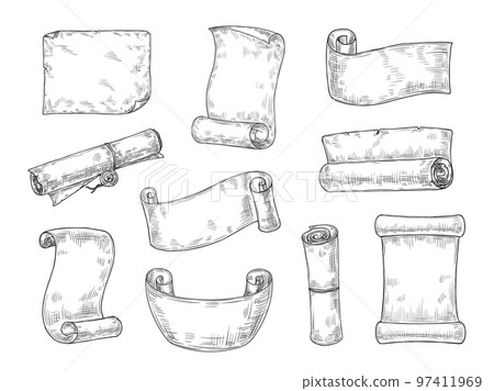 Scroll paper sketch. Vintage notepaper, old manuscript engraving and hand drawn parchment page vector set 97411969