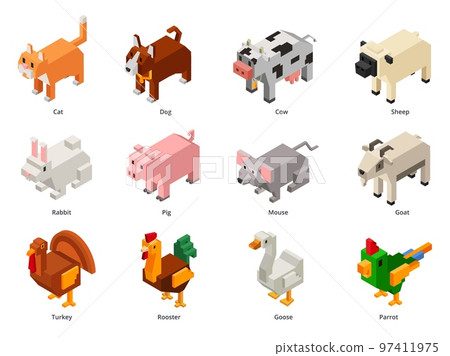 Isometric domestic animals. Low poly pets and farm birds. Squared cat, polygonal dog and voxel rabbit 3D cartoon vector set Isometric domestic animals. Low poly pets and farm birds. Squared cat, polygonal dog and voxel rabbit 3D cartoon vector set 97411975