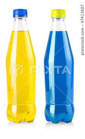 Set of Plastic bottle with Ukrainian flag in colors isolated on white background Set of Plastic bottle with Ukrainian flag in colors isolated on white background 97413687