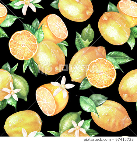 Lemon seamless pattern, Watercolor fruit background, Citrus