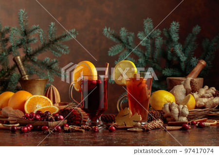 Hot Christmas drinks with ingredients. Hot Christmas drinks with ingredients. 97417074