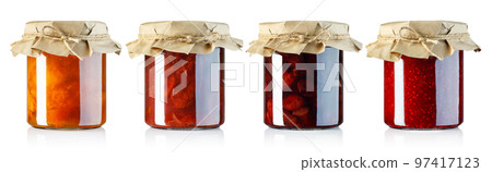 collection of jam in glass jars covered with craft paper isolated on white 97417123