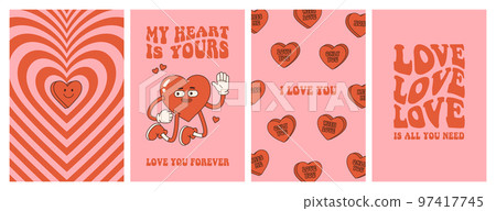 Groovy lovely hearts posters. Love concept. Happy Valentines day greeting card. Funky background in trendy retro 60s 70s cartoon style. Vector illustration in pink red colors. Groovy lovely hearts posters. Love concept. Happy Valentines day greeting card. Funky background in trendy retro 60s 70s cartoon style. Vector illustration in pink red colors. 97417745