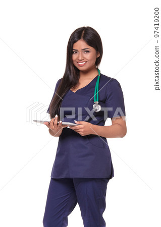 Young pretty doctor with a stethoscope and a medical history in her arms 97419200