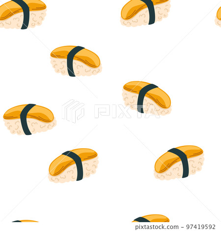 Sushi seamless pattern. Asian food background. Perfect for restaurant cafe and print menus. Vector hand draw cartoon illustration. Sushi seamless pattern. Asian food background. Perfect for restaurant cafe and print menus. Vector hand draw cartoon illustration. 97419592