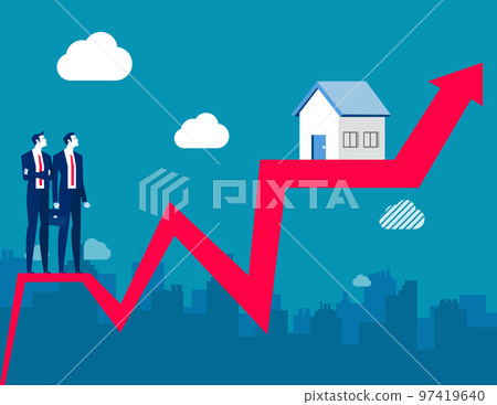 Young couple looks at the house rising on a red arrow Young couple looks at the house rising on a red arrow 97419640