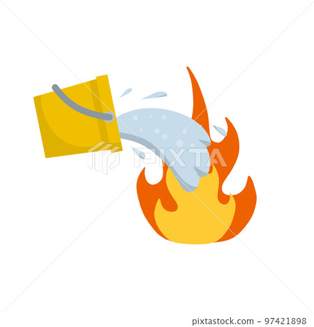 Bucket pours water on fire. Firefighting and spilling with spray. Bucket pours water on fire. Firefighting and spilling with spray. 97421898
