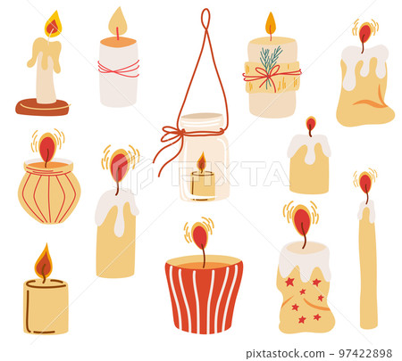 Candles set. Decorative wax candles for relax, interior decor, holiday and Christmas. Wax candles. Hand drawn vector illustration isolated on the white background. Candles set. Decorative wax candles for relax, interior decor, holiday and Christmas. Wax candles. Hand drawn vector illustration isolated on the white background. 97422898