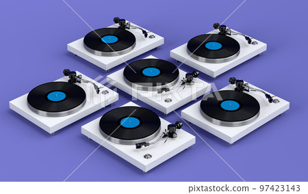 Set of vinyl record player or DJ turntable with retro vinyl disk on violet 97423143